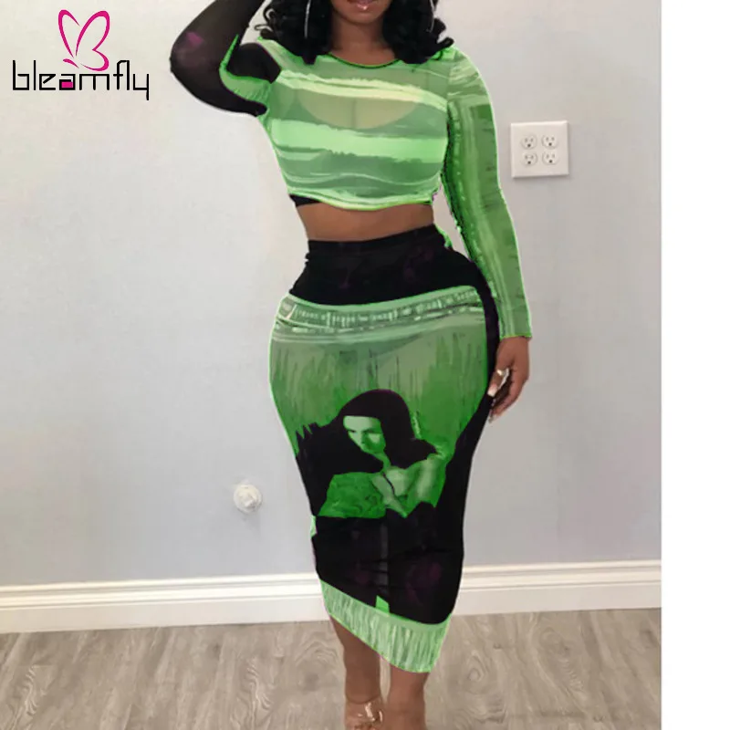 

Summer Boho Printed Mesh 2 Piece Set Women Long Sleeve Tee Top Bodycon Midi Skirts Suits Two Piece Set Sexy Tracksuit Outfits