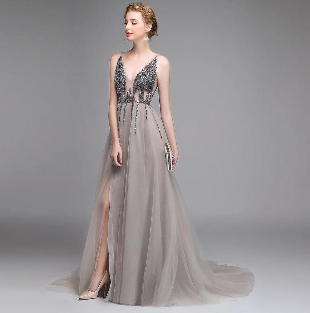 Online SSYFashion Neue Luxus Abendkleid Sexy V ausschnitt Backless Sicken High split Tüll Langen Abendkleid Nach Party Formale Kleider