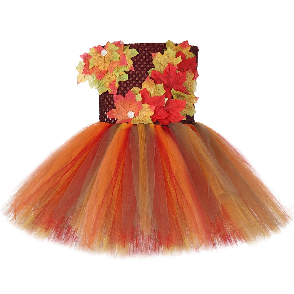 Fall Autumn Girl Tutu Dress Baby Toddler Brown Leaf Birthday Party Role Play Dress Up 1-10Y Kids Halloween Thanksgiving Costumes