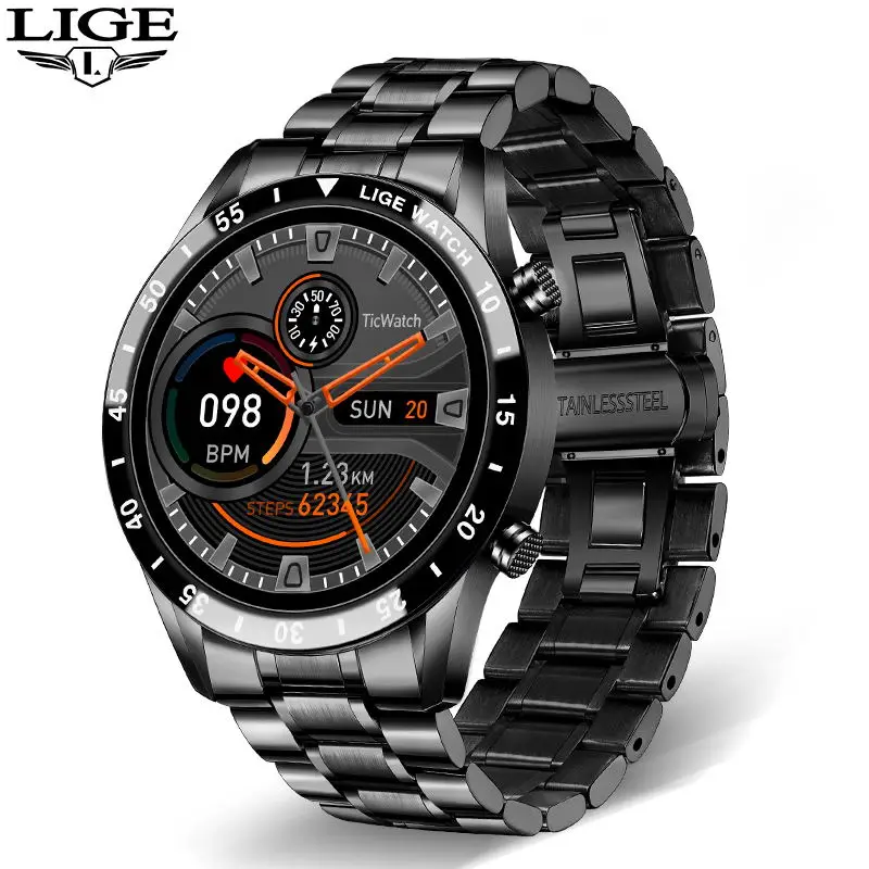 LIGE New Luxury Steel Band Bluetooth Call Smart Watch Men For Android iOS Phone Waterproof Sports Fitness Tracker Smartwatch 