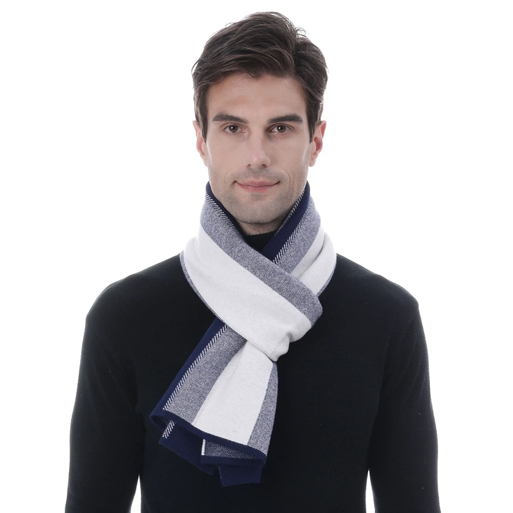Серый, белый, черный, Зимний дизайнерский шарф, мужские полосатые утепленные кашемировые теплые шерстяные шарфы, деловой мужской бренд, шаль, подарок