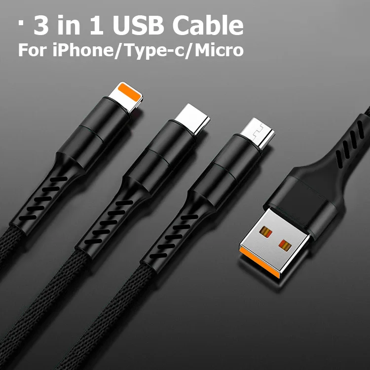 3 in 1 Usb Cable Type C 8 Pin Micro Mobile Phone Cables For Huawei Mate 30 iPhone 11 X Xs 8 7 6 Samsung S9 S8 Fast Charging Cord - Цвет: Черный