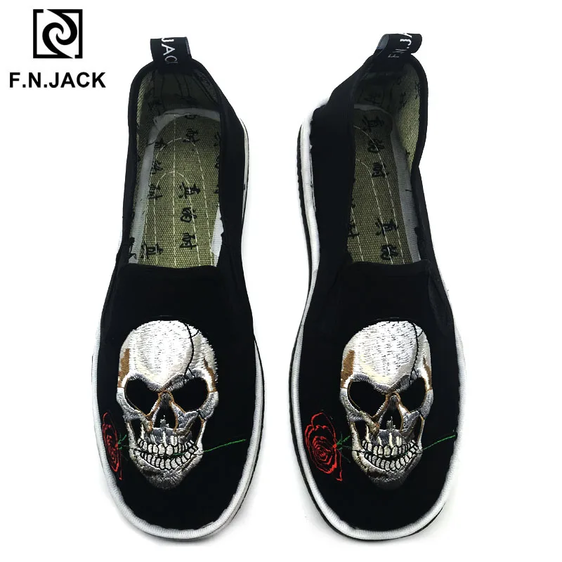 

F.N.JACK Cool Skull ICON Men Loafers Cutton Fabric Mens Shoes Casual Breathable Slip-on Mens Flat Shoes