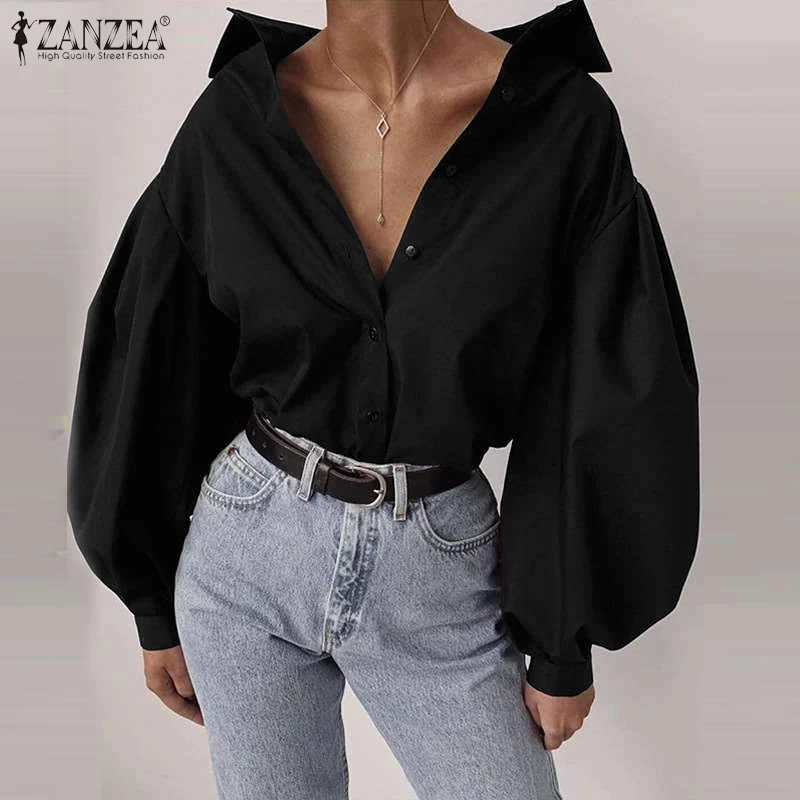 

2020 ZANZEA Stylish Women's Puff Sleeve Blouse Summer Shirts Casual Button Work Blusas Female Solid Tops Oversized Tunic 3XL