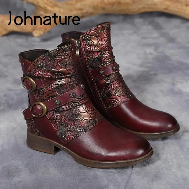 Johnature Genuine Leather Shoes Women Boots Zip 2022 New Winter Round Toe Print Handmade Concise Leisure Ankle Platform Boots 2