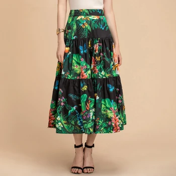 

Designer Resort Skirt Women's High End Street Retro Bird Butterfly Floral Print Skirt Ladies Sicily Cotton Skirt