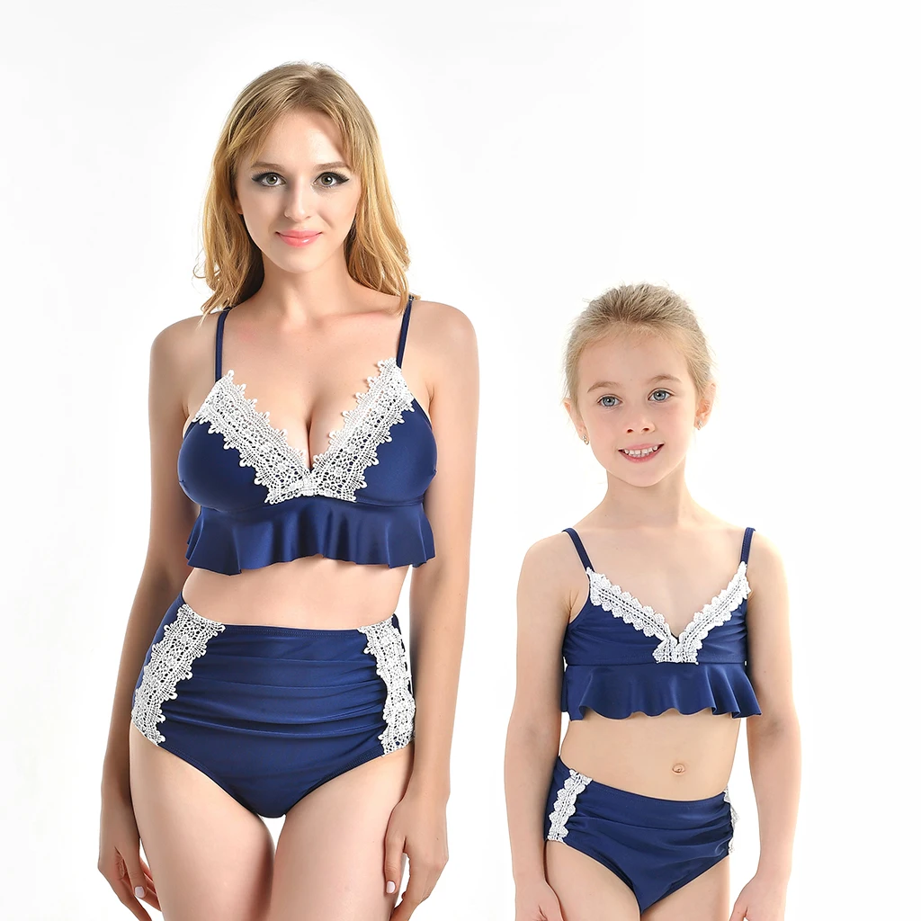 

Lace Bikini Mother Daughter Swimsuits Ruffled Mommy and Me Swimwear Clothes Family Matching Outfits Mom and Baby Beachwear Dress
