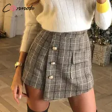 Conmoto, винтажная клетчатая осенне-зимняя женская юбка-шорты, элегантные женские шорты с карманами, высокая талия, женская модная юбка OL