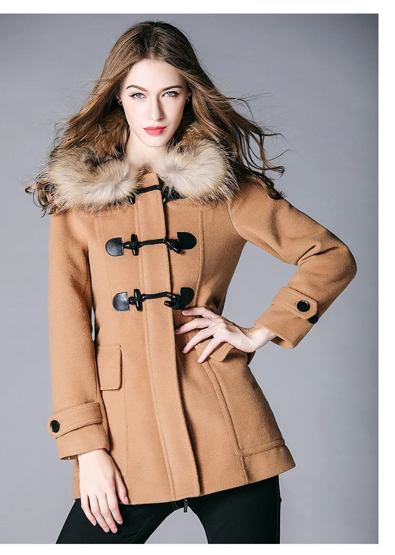 Woolen Jacket Women's Mid-length Autumn Clothing New Style Short-height Loose-Fit Fur Collar Hooded Toggle Woolen Overcoat