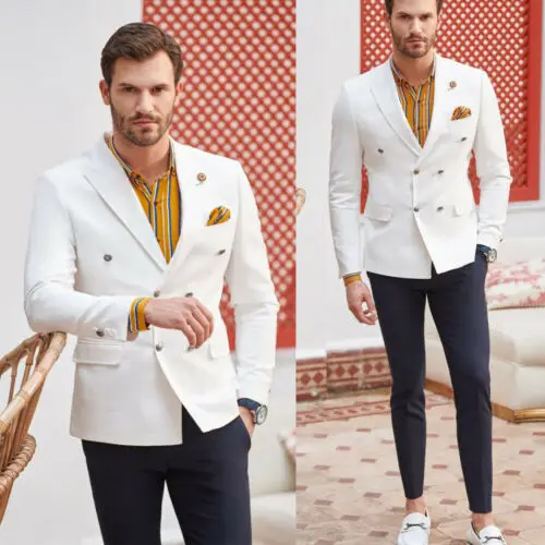 2 шт. мужской двубортный блейзер с темно-синими брюками | Мужская одежда