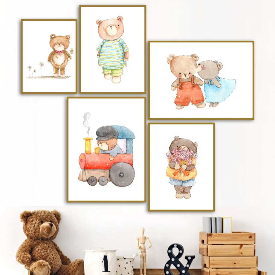 Cartoon Ragdoll Bear Flower Train Love Quotes Wall Art Canvas Painting Nordic Posters And Prints Pictures Kids Room Decor | Дом и сад