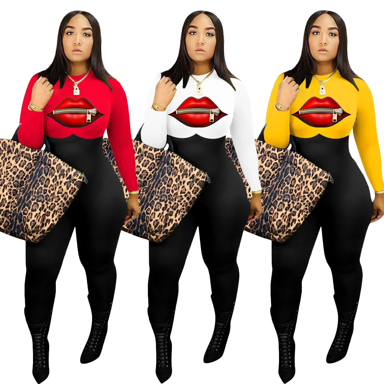 

2020 Autumn New Women Jumpsuit Hot Style Model Lip Print Long Sleeve European And American Fashion Casual Rompers Bodysuit