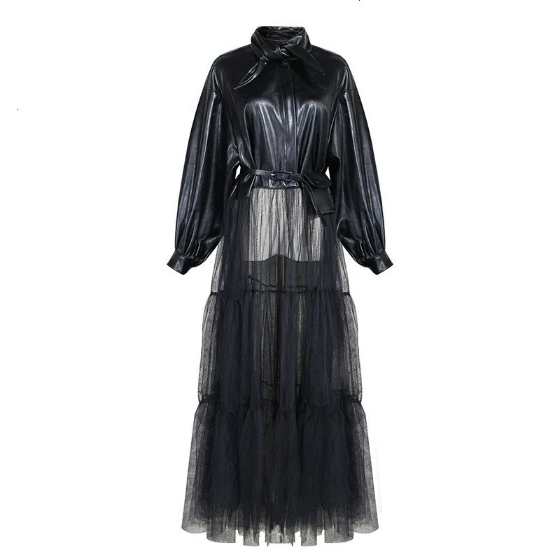 

2019 turn-down collar lantern sleeves bow collar single breasted PU patchwork mesh high quality leather jacket D826