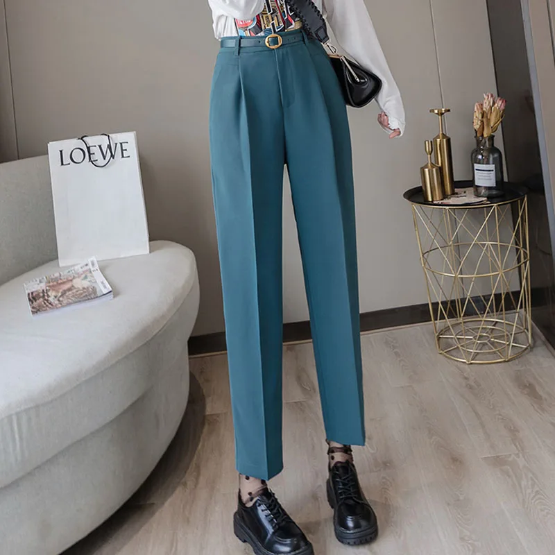 Elegant Office Lady Ankle-Length With Belt Pants 2020 New Spring Autumn Women Korean High Waist Loose Formal Pants