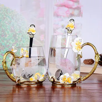 

Color enamel glass coffee mugs with spoon flower tea milk cup butterflies flower handgrip Europe heat resistant drinkware