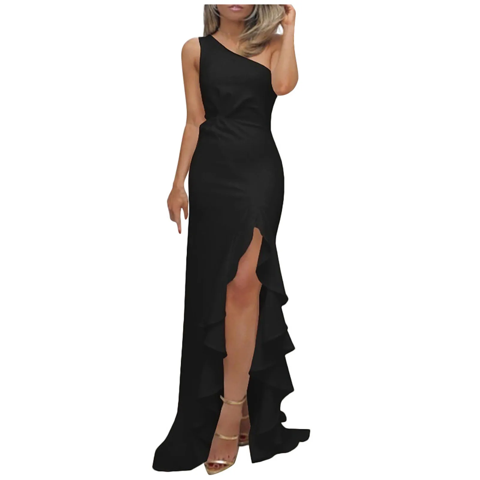 Summer Women Dresses One Shoulder Split Ruched Ruffle Formal Evening Dress Slim Maxi Sleeveless Dresses Party Vestidos Женский 2
