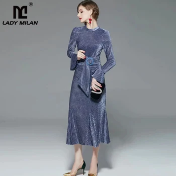 

Women's Designer Dress O Neck Long Sleeves Striped Ruffles Elegant Velour Mermaid Mid Calf Dresses