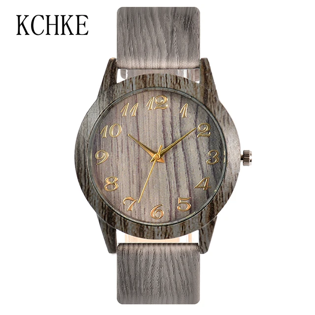 KCHKE 2020 Black/Coffee/Beige Dial Natural Bamboo Wood Watch Men Women Genuine Leather Wooden Clock Male hour Reloj de madera Men gray