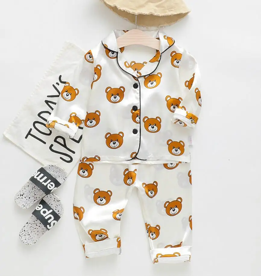 Children's Pajamas Set Summer Baby Suit Kids Clothes Toddler Boys Girls Lce Silk Satin Cartoon Printing Tops Pants 2pc Home Wear children's robe and slipper set