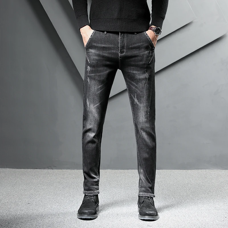 Зимние Для мужчин теплая удлиненная пуховая Джинсы классического Стиль утепленные Джинсовые штаны с эластичной резинкой на Slim Fit черные джинсы брюки мужские брендовые Повседневное Бизнес синие брюки