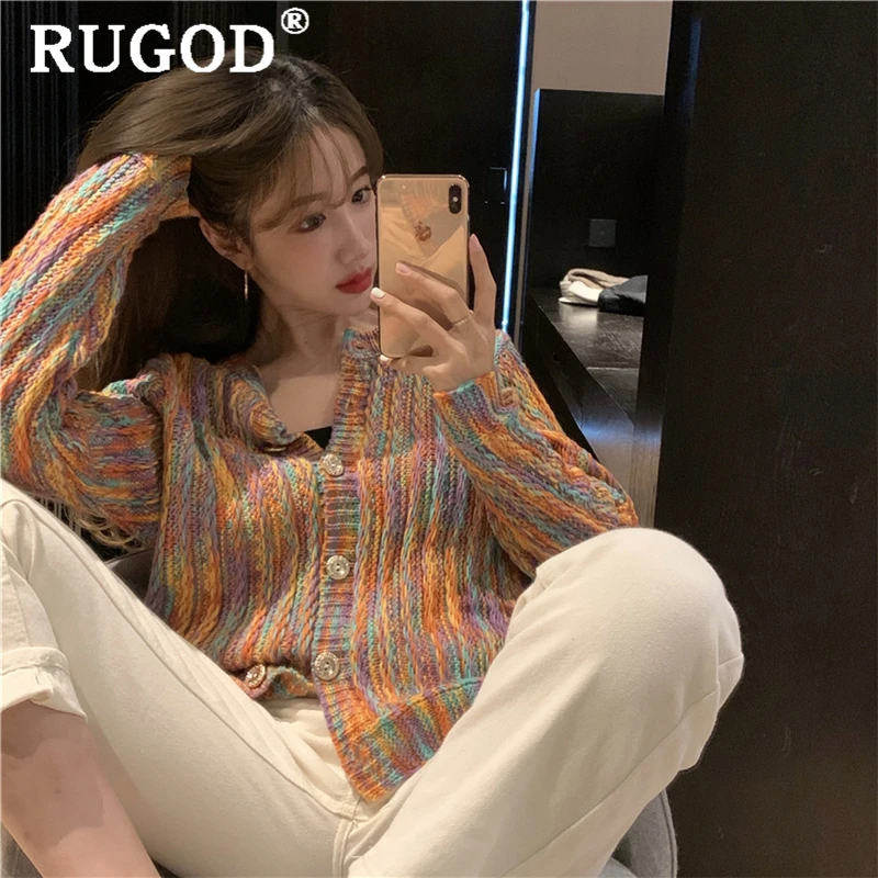 RUGOD корейский Шикарный разноцветный кардиган, свитер для женщин, модный однобортный вязаный свитер, пальто для женщин Harajuku, витая вязаная одежда