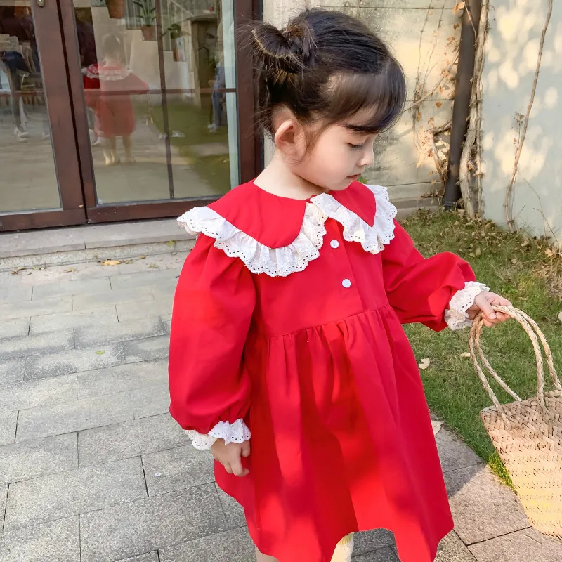 

Spring girls lace patchwork collar long sleeve princess dress 2020 baby girl cotton loose dress for party