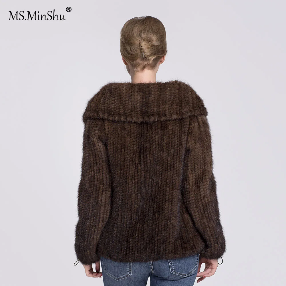 MS. Minshu, вязаная норковая Меховая куртка, отложной воротник, зимнее пальто, натуральная норковая Меховая куртка, настоящая норковая шуба