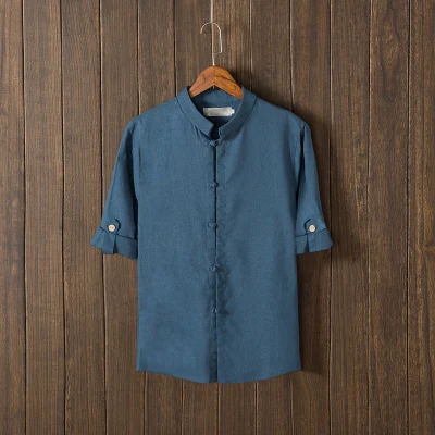 Men Casual Linen Shirt Frog Button Roll Up Sleeve 3/4 Sleeve Kung Fu Mandarin Collar Plus Size 5XL C5