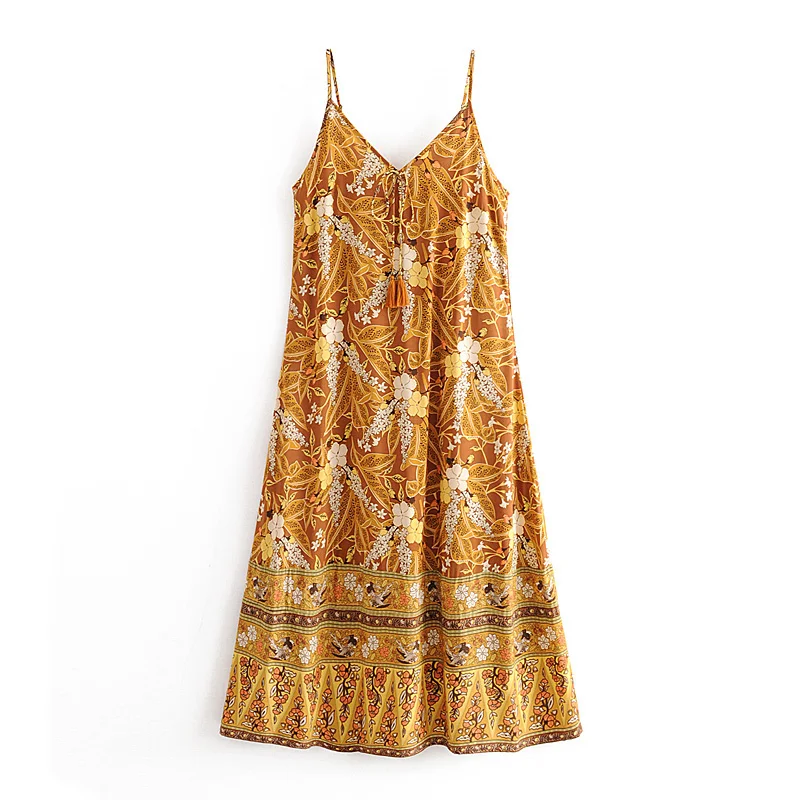 Boho сексуальное винтажное платье с цветочным принтом на бретелях средней длины