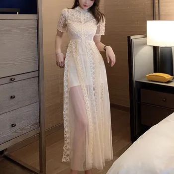 

2020 Summer New Woman Dress Mesh Embroidery High Waist Elegant Party Maxi Dresses Female Summer Short Sleeve Lace Vestidos