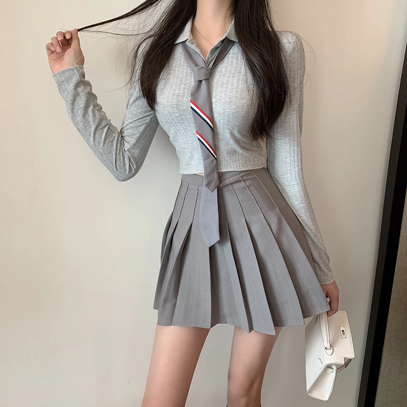 College Style Japanese Harajuku School Uniform Outfit Cute Tie Solid Color Full Sleeve Tops Sweet High Waist Ball Pleated Suit | Женская