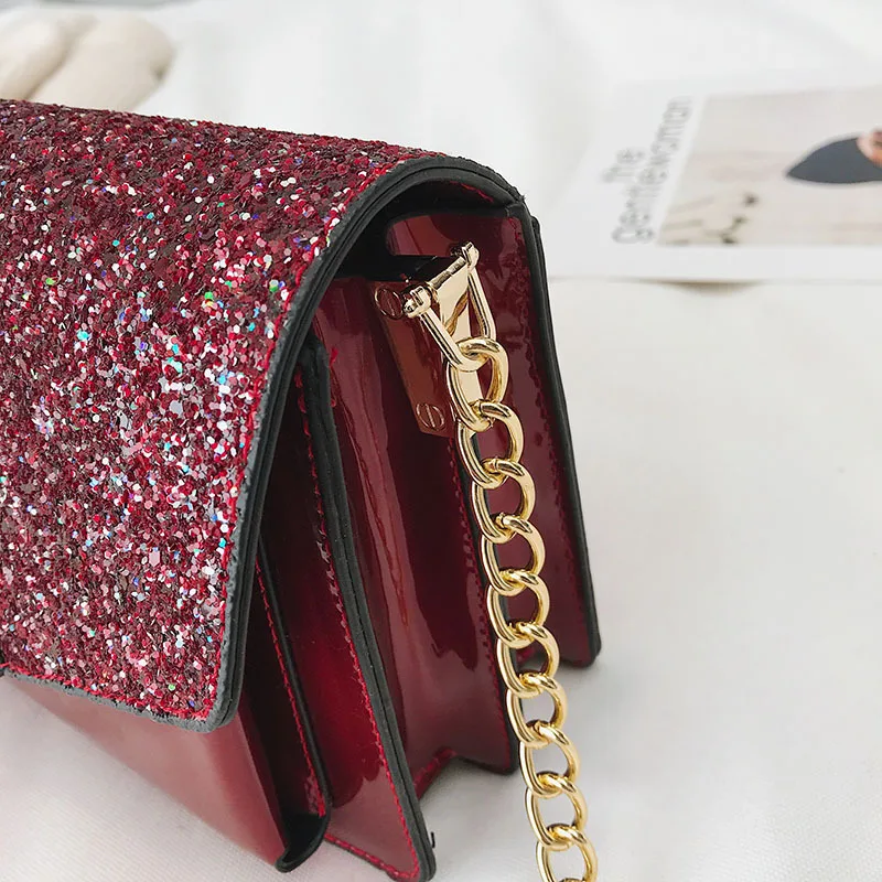 

2019 Early Spring Sequin Square Sling Bag Patent Leather Celebrity Style Cabinet Triangle Cover One-Shoulder Oblique WOMEN'S Bag