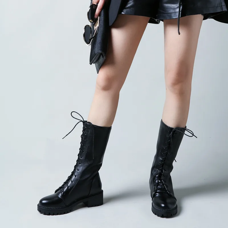 

2018 Lace Up Pu Leather Boots Women Block Heel Mid Calf Motorcycle Boot Black Brown British Ladies Gothic Shoe Plus Size