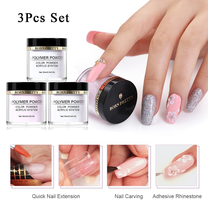 BORN PRETTY Set de 3 uds. De extensiones de uñas acrílicas en polvo, rosa  claro, blanco, 10ml, diseño DIY|Brillantina de uñas| - AliExpress