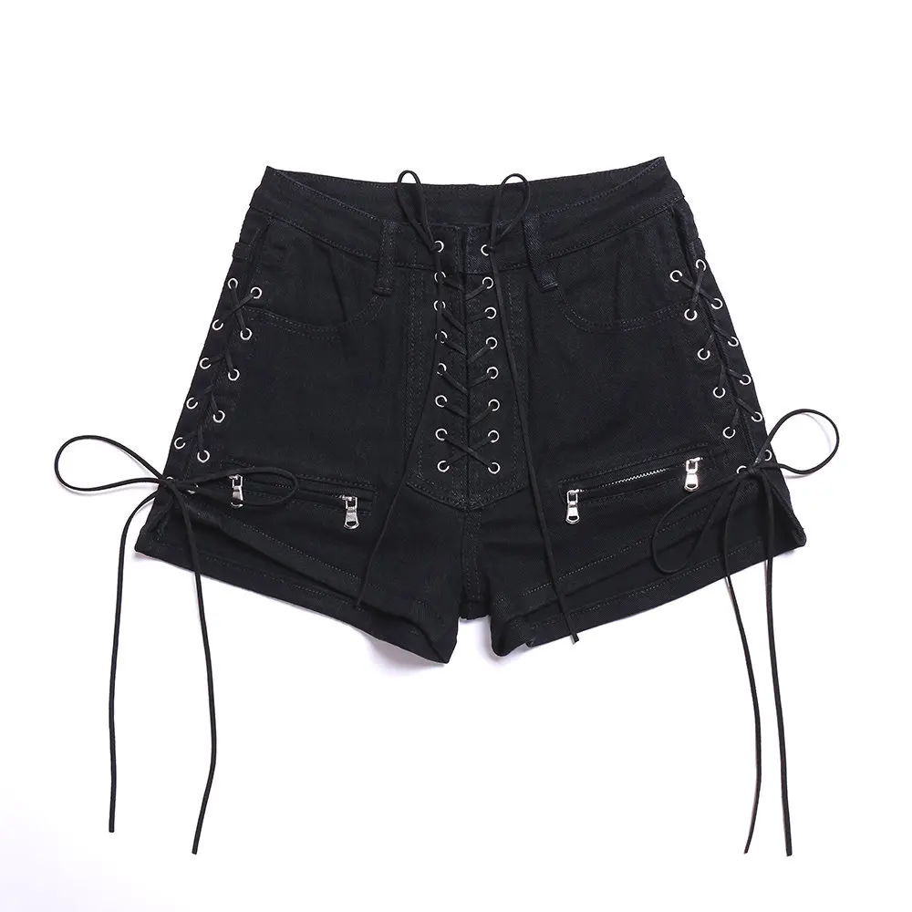 biker shorts women Casual Fashion Black Denim Lace Up Zipper Skinny High Waist Short Pants Streetwear Jeans Women Punk Gothic Shorts Nightclub Wear online clothes shopping