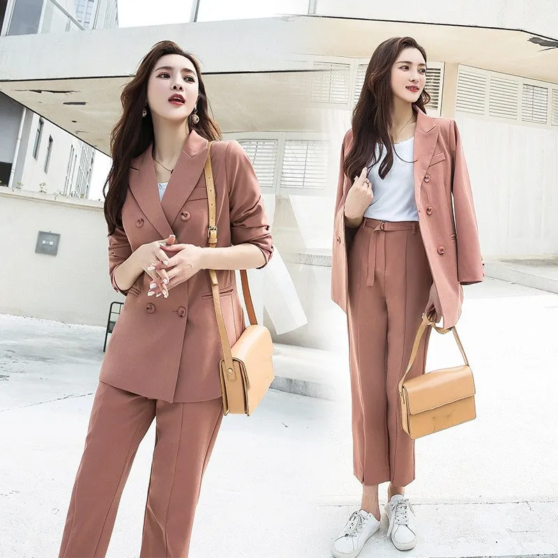 Casual Soild Vrouwen Pant Suits Office Lady Vrouwen Enkele Breasted Blazer Jas En Lange Broek Roze Vrouwelijke Pak