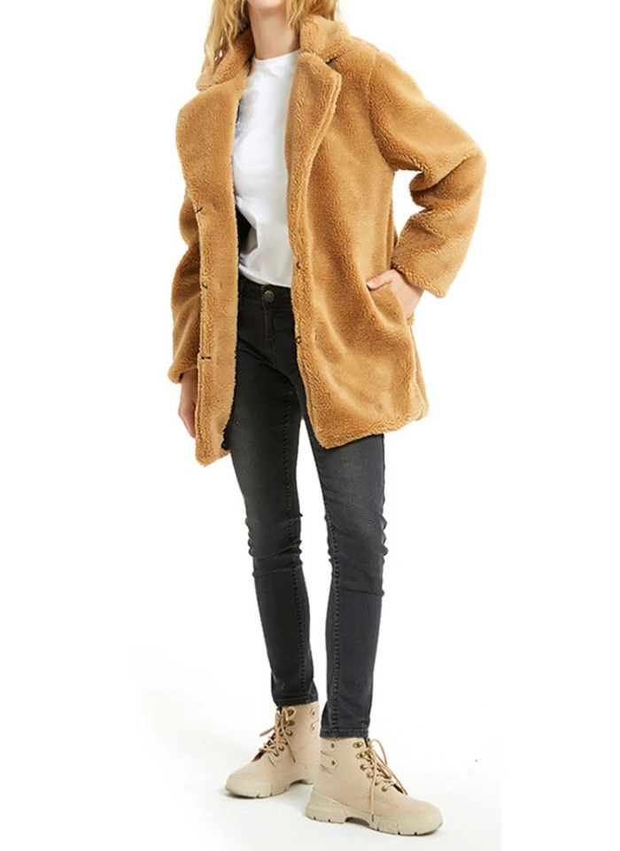 B Fur Coat Women Winter Fashion Casual All-match Solid Faux Fur Lapel Collar Plus Size Loose Long Sleeves Coat Female Jacket