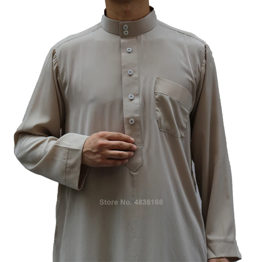 Muslim Robe Islamic Clothing Thobe Jubba Midde East Arab Kaftan Ramadan Prayer Button Solid Color Men Male Workship Service