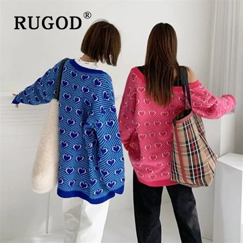 RUGOD Autumn Winter New Style Chic Love Pattern Plus Size Women V-neck Stripe Cardigan Fashion Kpop Clothes