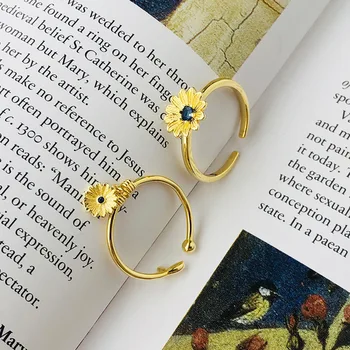 

18K Gold 1pc Authentic S925 Sterling Silver FINE Jewelry Blue Gems Daisy Flower ring adjust TLJ1092