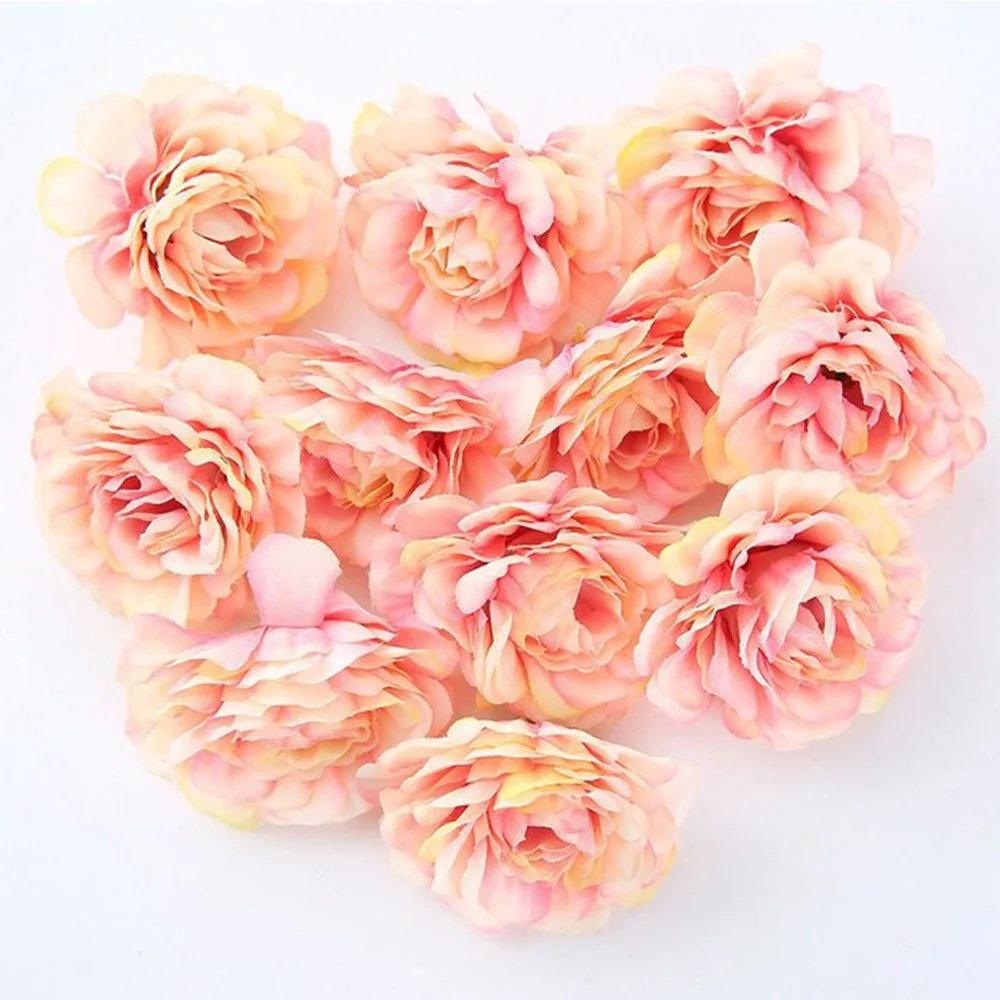 Pink 10PCS 5CM Artificial Flower Silk Spring Rose Head For Wedding Party Home Decoration DIY Wreath Gift Box Scrapbook Craft - Цвет: Pink