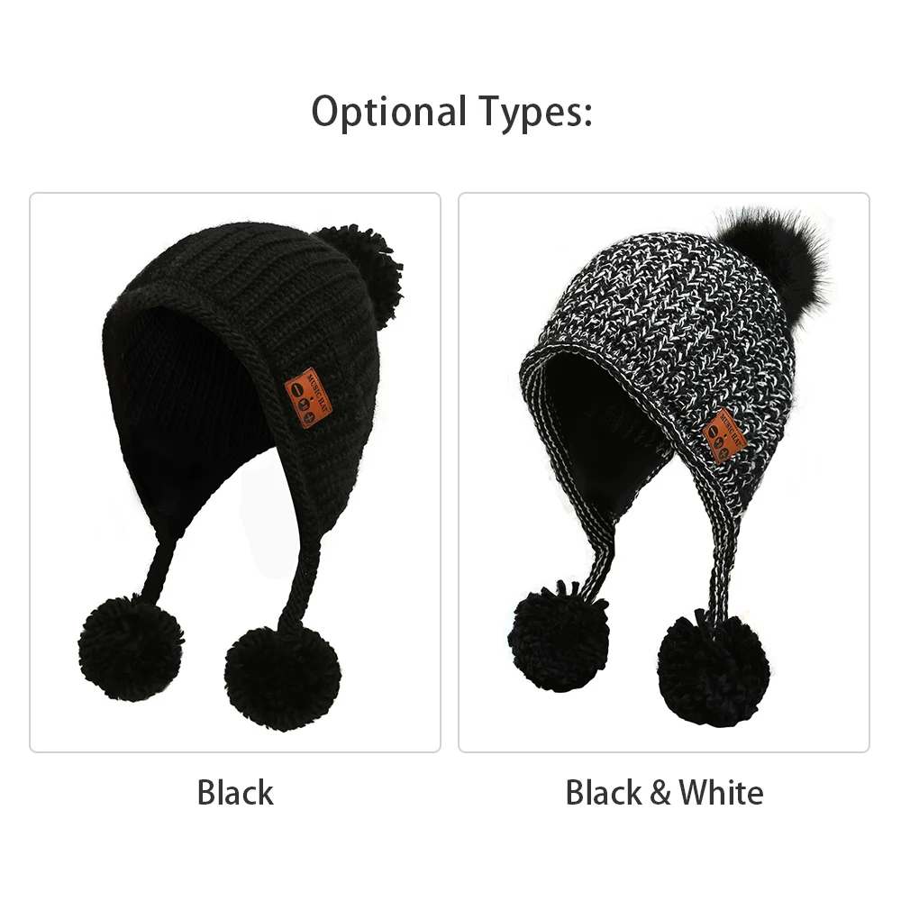 Women Hat MZ036 BT5.0 Connected Plush Ball Design Music Knitted Hat One-click Answering/ Hanging up Outdoor Sport Warm Cap