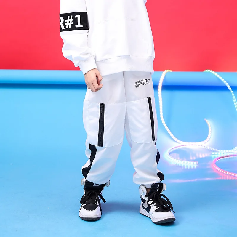white pants Детская одежда в стиле хип-хоп; черно-белые толстовки с капюшоном; толстовка; Топ; пуловер; повседневные штаны для бега; танцевальные костюмы для мальчиков и девочек; одежда - Цвет: white pants