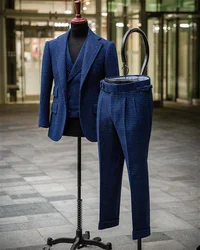 3 Pliecs Houndstooth Blue Men Suits Formal Business Custom Made Blazer Vest Pant  Wedding Tuexdos Prom Party Wool Suit Sets