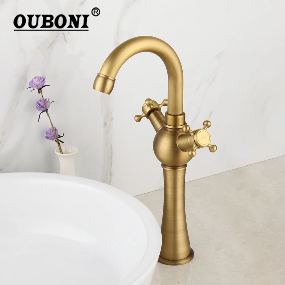 

OUBONI Antique Brass Bathroom Basin Faucet 2 Handles Bathroom Deck Mounted Tap Washing Sink Tall Counter Top Mixer Tap Faucet