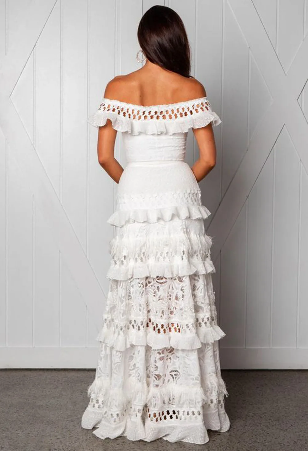 Off Shoulder Hollow Out Sexy Lace Dress Floor Length Party Maxi Dresses Robe Cake Layers Elegant Long White Dress Vestidos