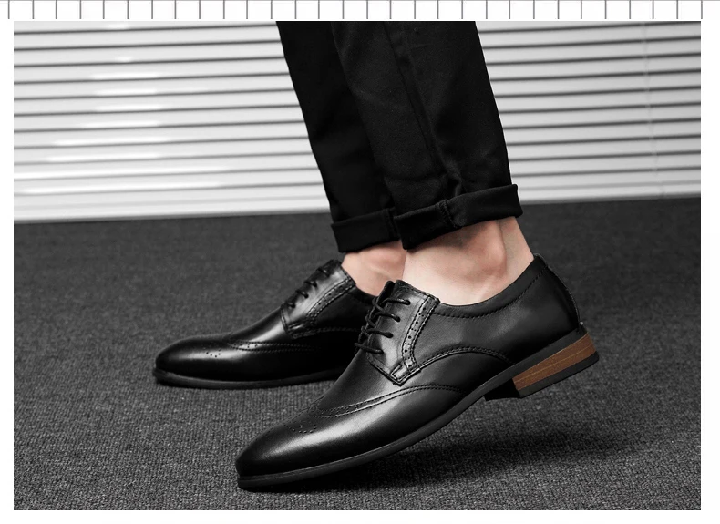 BIMUDUIYU; Мужская официальная обувь из натуральной коровьей кожи; броги; свадебные классические туфли в деловом стиле; Мужские модельные туфли на шнуровке; повседневные туфли-оксфорды на плоской подошве