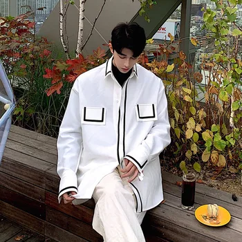 

Men Black Splice Side Long Sleeve Casual Shirt Male Japan Korea Harajuku Streetwear Vintage Fashion Shirt