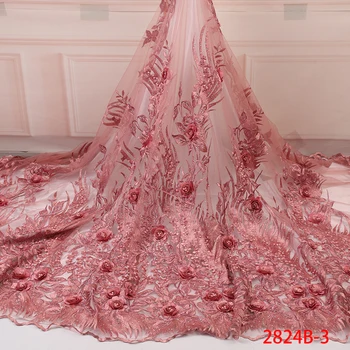 

Elegant Embroidery Flower Mesh Fabric Nigerian Lace Fabrics African Dresses Fabric Bridal Lace Trim With Beaded&Stones GD2824B-3