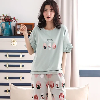 

100% Cotton Good Quality Pajamas For Women Short Sleeve 2 Pcs Pyjama Sets For Girl Loose Comfortable Home Suits Sleepwear